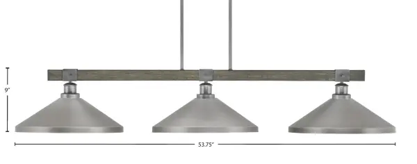The Tacoma 3-Light Bar combines industrial metal shades with distressed wood-look accents for a distinctive farmhouse-industrial aesthetic. Its 53.75-inch length makes it perfect for kitchen islands and dining tables, while adjustable hanging height ensures versatility. - alternate view