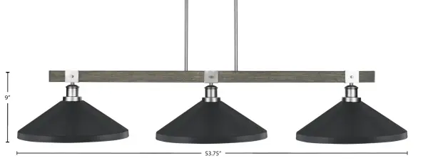 The Tacoma 3-Light Bar combines industrial metal shades with rustic distressed wood accents for a versatile modern farmhouse aesthetic. Its 53.75-inch length makes it ideal for kitchen islands and dining tables. - alternate view