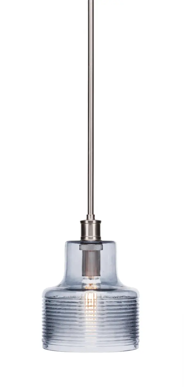 The Aurora pendant combines sleek brushed nickel with a striking 7.5" blue glass shade, creating a modern focal point perfect for smaller spaces. Adjustable stem height and sloped ceiling compatibility make it versatile.