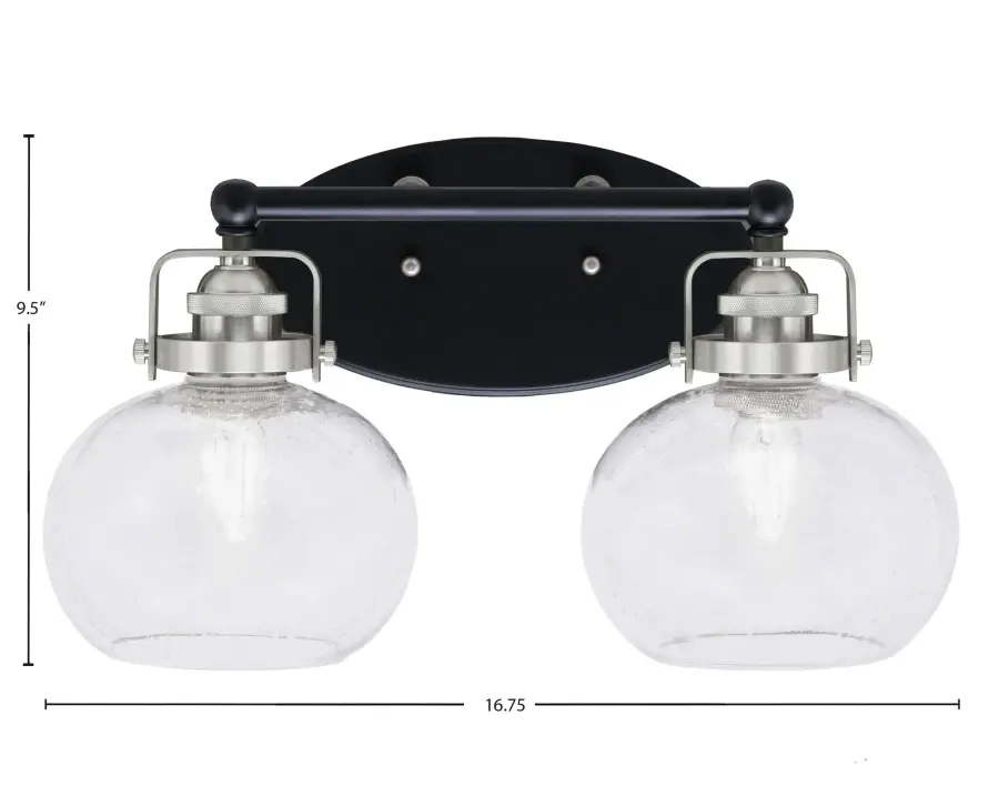 Easton 2 Light Bath Bar - Matte Black & Brushed Nickel with Clear Bubble Glass - Image 2