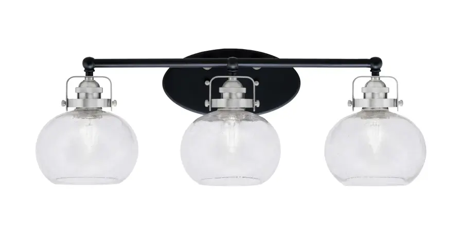 Easton 3-Light Bath Bar in Matte Black & Brushed Nickel with Clear Bubble Glass