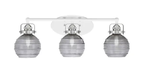 The Easton 3-Light Bath Bar combines a striking white and brushed nickel finish with smoke ribbed glass shades for a refined, transitional look. Perfect for medium to large bathrooms, it provides ample illumination while serving as an elegant focal point.