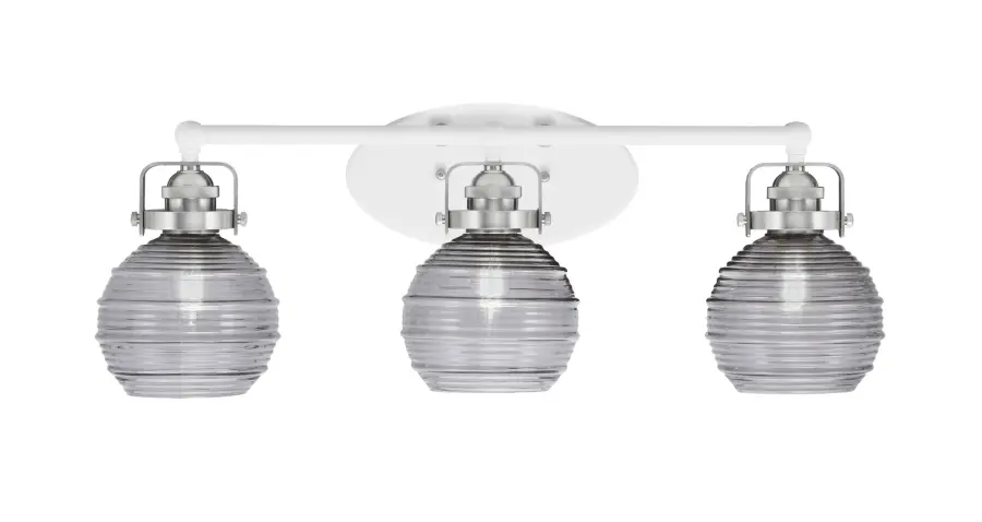 Easton 3-Light Bath Bar in White & Brushed Nickel with Smoke Ribbed Glass