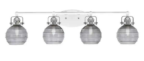 The Easton 4 Light Bath Bar combines white and brushed nickel finishes with smoke ribbed glass shades for sophisticated bathroom lighting. At 35.5" wide, it provides ample illumination with versatile up or down mounting options.