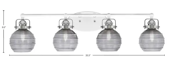 The Easton 4 Light Bath Bar combines white and brushed nickel finishes with smoke ribbed glass shades for sophisticated bathroom lighting. At 35.5" wide, it provides ample illumination with versatile up or down mounting options. - alternate view