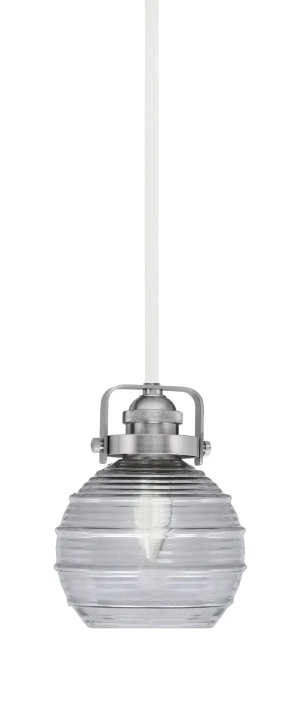 The Easton Mini Pendant combines a two-tone White and Brushed Nickel finish with distinctive smoke ribbed glass. Its compact 6-inch diameter and adjustable hanging height make it ideal for task lighting or accent placement.
