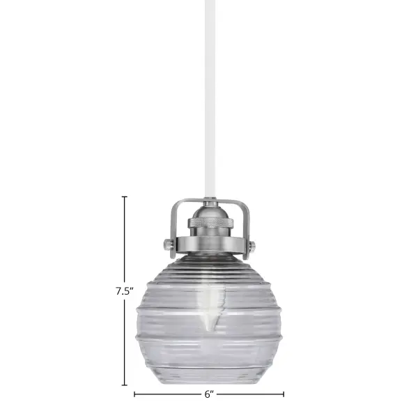 The Easton Mini Pendant combines a two-tone White and Brushed Nickel finish with distinctive smoke ribbed glass. Its compact 6-inch diameter and adjustable hanging height make it ideal for task lighting or accent placement. - alternate view
