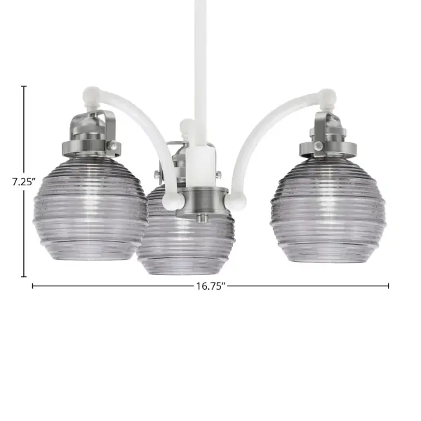 The Easton 3-Light Chandelier combines classic elegance with modern versatility. Its white and brushed nickel finish paired with smoke ribbed glass creates warm, inviting illumination perfect for dining spaces and entryways. - alternate view