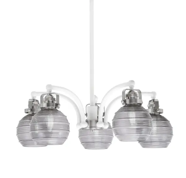 The Easton chandelier combines contemporary design with practical features like hang straight swivel technology and adjustable height. Its white and brushed nickel finish with smoke ribbed glass creates sophisticated ambiance perfect for modern dining and living spaces.