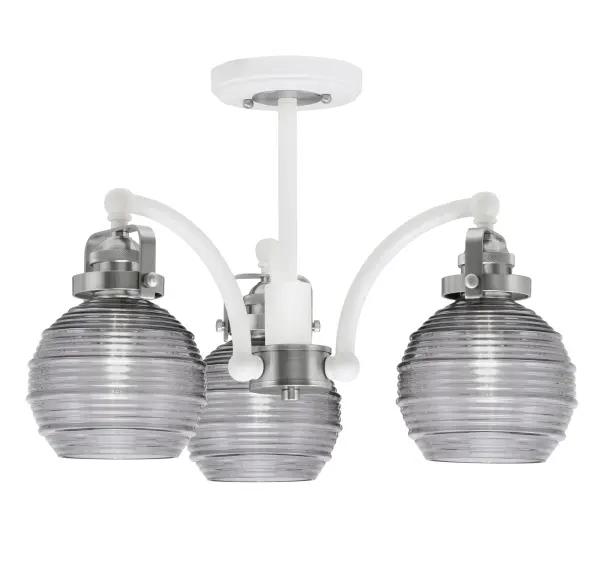 The Easton 3 Light Semi-Flush combines a clean white and brushed nickel finish with distinctive smoke ribbed glass shades. Perfect for rooms with lower ceilings, this fixture delivers warm ambient lighting with contemporary style.