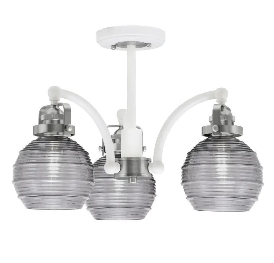Easton 3 Light Semi-Flush in White & Brushed Nickel with Smoke Ribbed Glass - Image 1