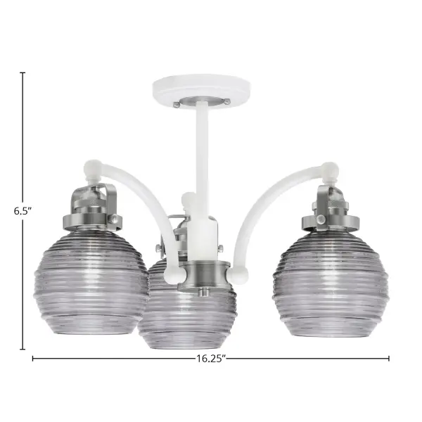 The Easton 3 Light Semi-Flush combines a clean white and brushed nickel finish with distinctive smoke ribbed glass shades. Perfect for rooms with lower ceilings, this fixture delivers warm ambient lighting with contemporary style. - alternate view