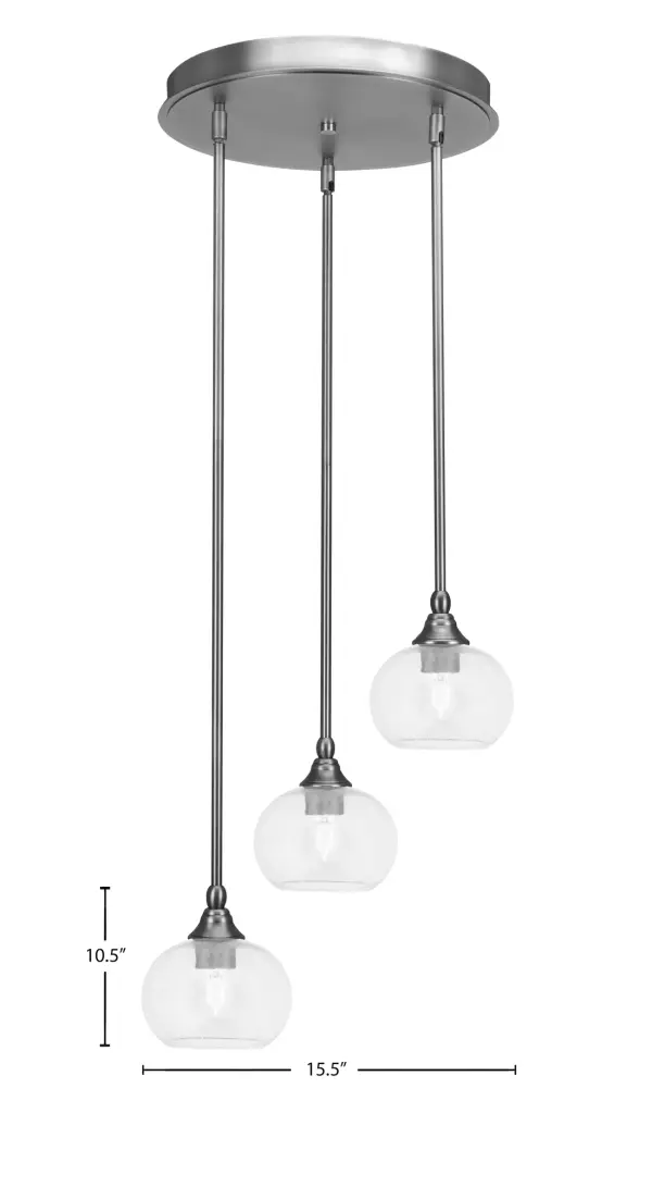 The Empire 3-Light Cluster Pendant combines modern aesthetics with practical functionality. Its brushed nickel finish and clear bubble glass shades create visual interest while the adjustable stem system allows customization for various ceiling heights. - alternate view