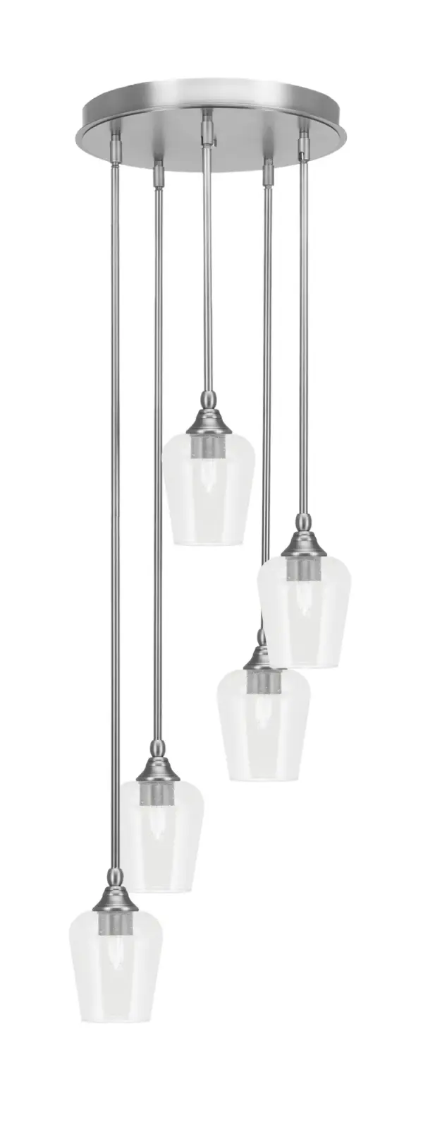 The Empire 5-Light Cluster Pendant combines modern sophistication with whimsical charm. Its brushed nickel finish and unique bubble glass shades create visual interest while providing ample illumination for compact spaces.