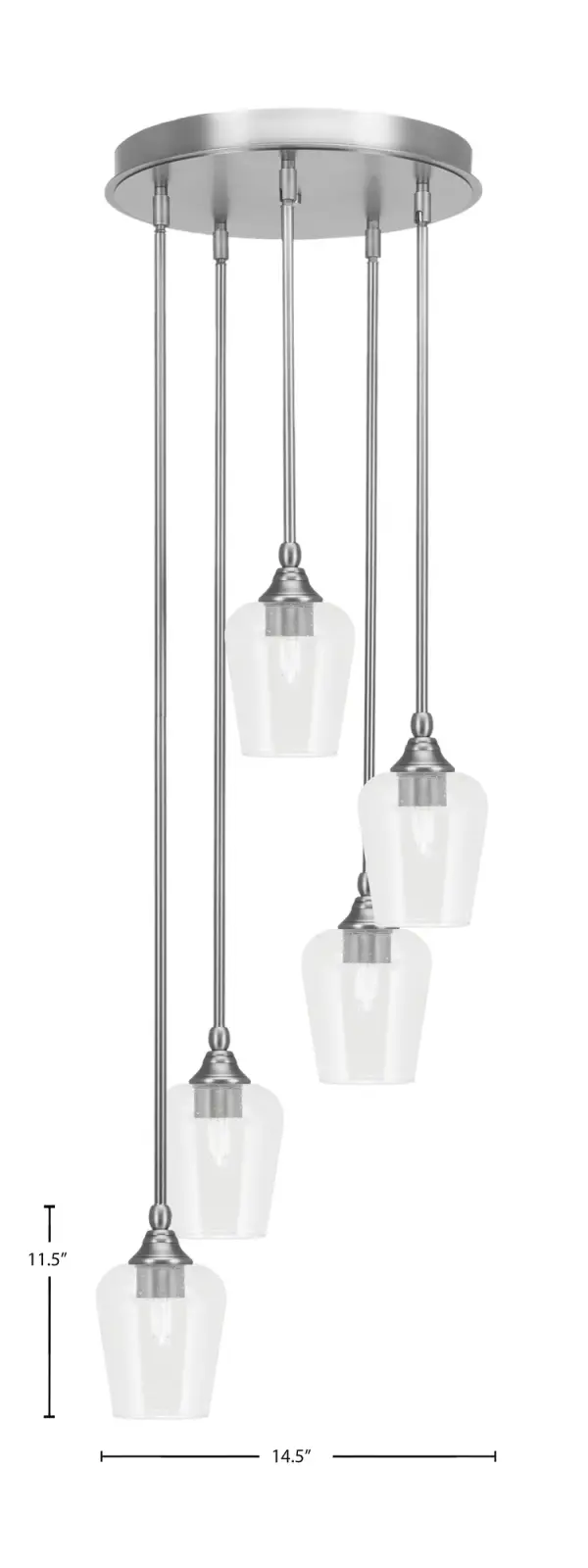 The Empire 5-Light Cluster Pendant combines modern sophistication with whimsical charm. Its brushed nickel finish and unique bubble glass shades create visual interest while providing ample illumination for compact spaces. - alternate view