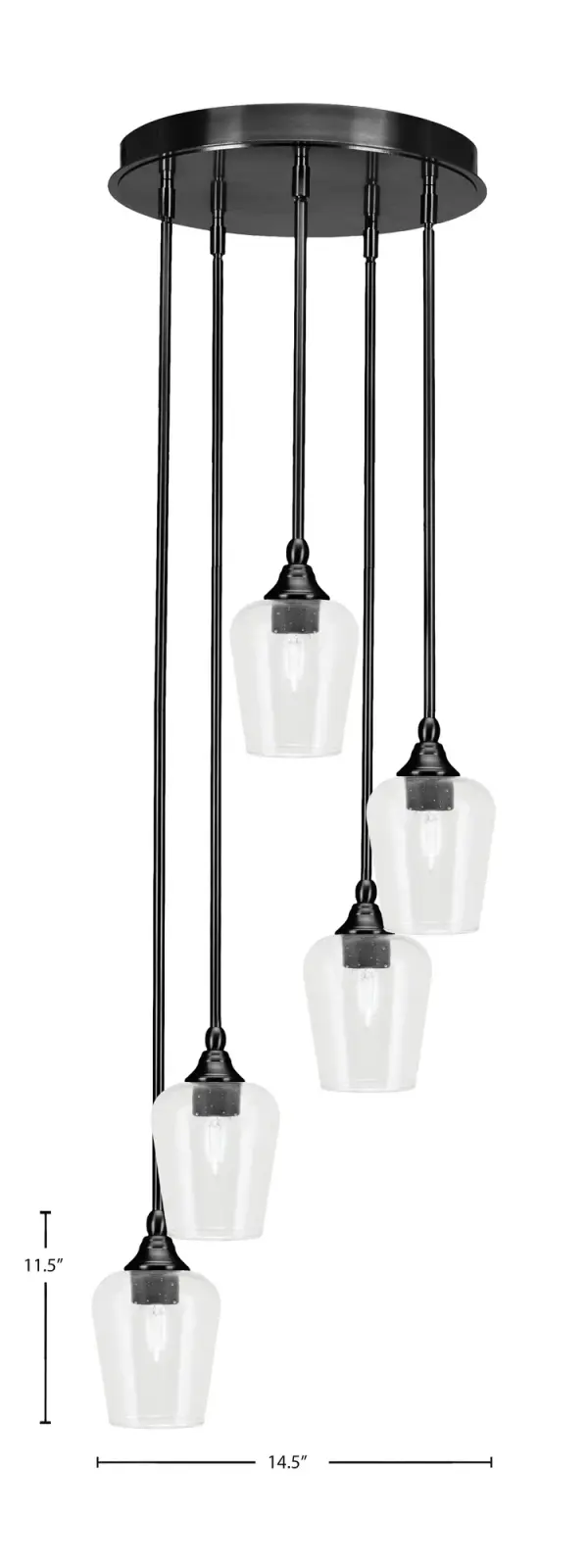 The Empire 5-Light Cluster Pendant combines contemporary style with industrial charm through its matte black finish and distinctive clear bubble glass shades. The adjustable stem system offers exceptional installation flexibility. - alternate view
