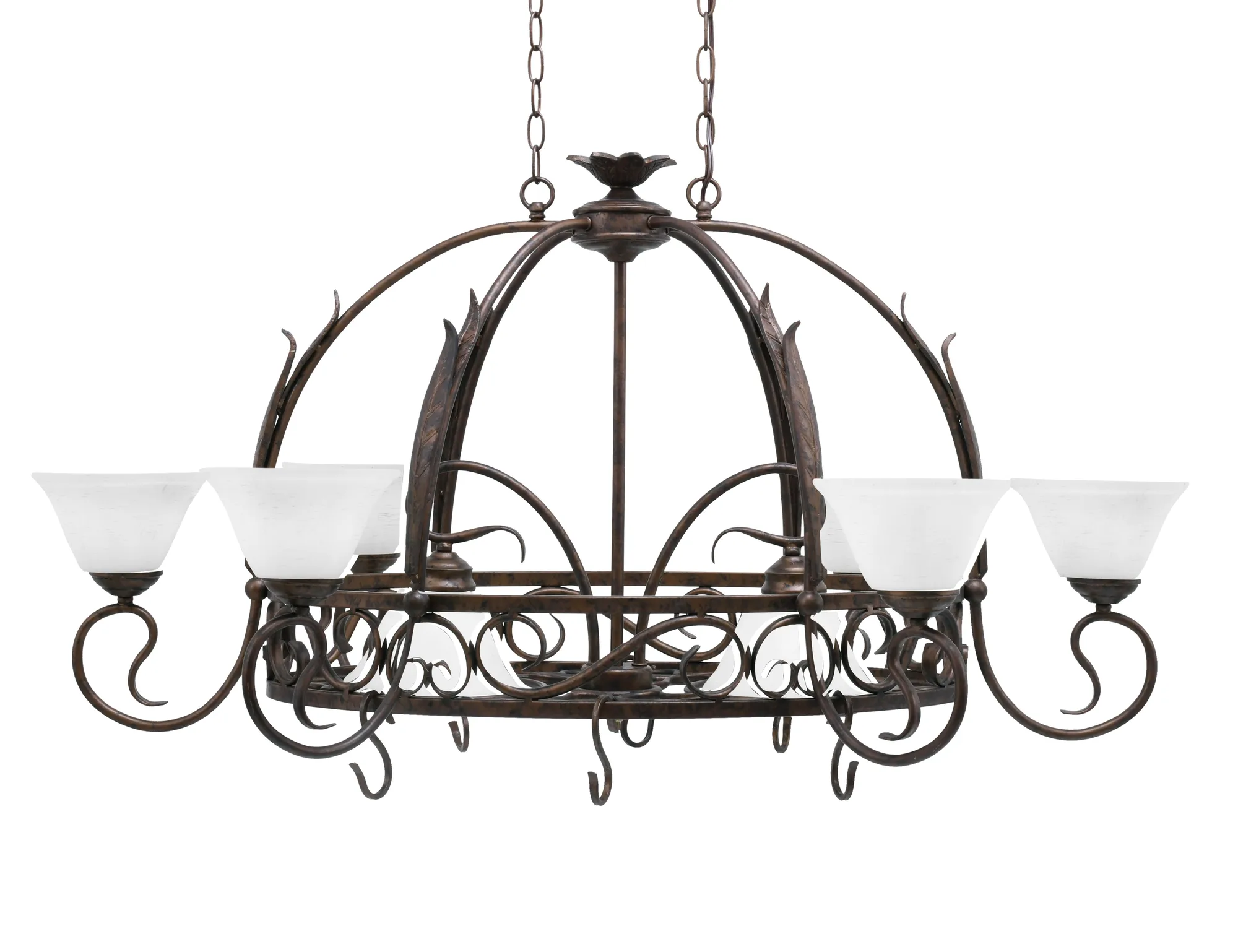 Leaf 8 Light Pot Rack With 8 Hook Shown In Bronze Finish With 7" White Muslin Glass (Pots Not Included)