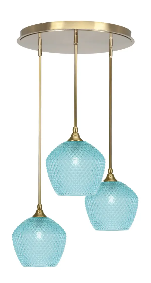 The Empire 3-Light Cluster Pendant combines modern sophistication with eye-catching turquoise textured glass shades and warm brass finish. Adjustable stems allow customizable configurations, making it versatile for various ceiling heights and design preferences.