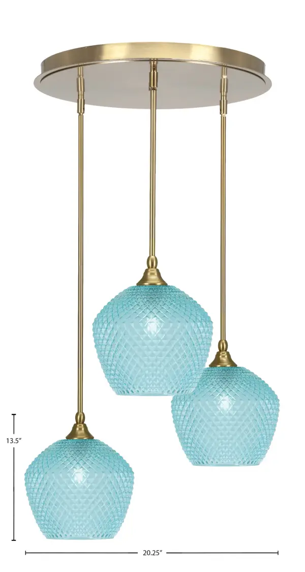 The Empire 3-Light Cluster Pendant combines modern sophistication with eye-catching turquoise textured glass shades and warm brass finish. Adjustable stems allow customizable configurations, making it versatile for various ceiling heights and design preferences. - alternate view