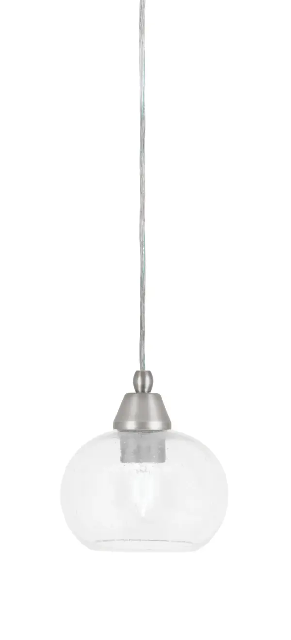 This compact cord pendant combines a sleek brushed nickel finish with distinctive bubble glass for visual interest. Its adjustable 12-foot cord and compact 7-inch diameter make it ideal for layered lighting over islands or in tight spaces.