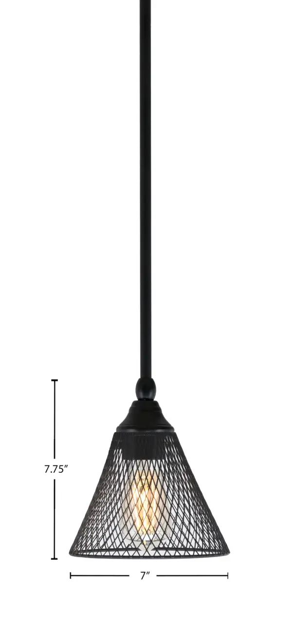 This mini pendant combines industrial charm with contemporary style through its distinctive cone mesh shade. The matte black finish and compact 7-inch diameter make it perfect for layered lighting or tight spaces. - alternate view