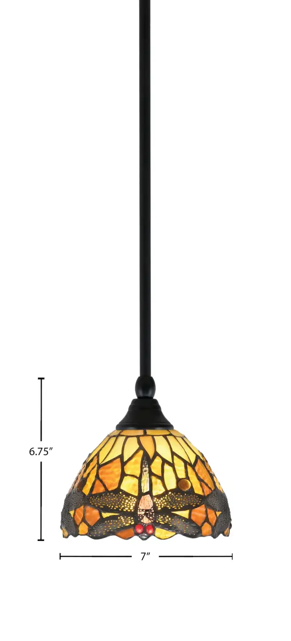 This charming mini pendant features handcrafted amber art glass with an intricate dragonfly pattern, creating warm, inviting light. The matte black finish provides modern contrast while the compact 7" shade works beautifully in intimate spaces. - alternate view