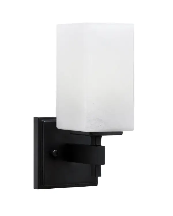 The Corbin Wall Sconce combines sleek matte black finish with a distinctive square white marble glass shade, creating warm ambient lighting perfect for modern and transitional spaces. Compact yet impactful design.