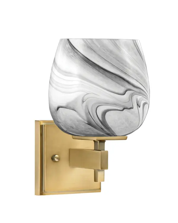 The Corbin Wall Sconce makes a bold design statement with its striking onyx swirl glass shade and rich New Age Brass finish. The swirling glass pattern creates visual depth while diffusing light with a warm glow, perfect for adding artistic flair to bathrooms, hallways, and intimate spaces.