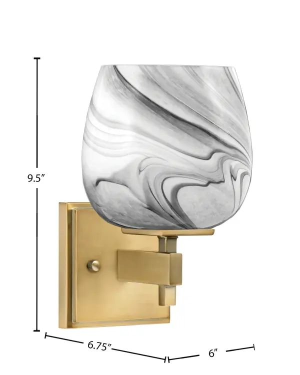 The Corbin Wall Sconce makes a bold design statement with its striking onyx swirl glass shade and rich New Age Brass finish. The swirling glass pattern creates visual depth while diffusing light with a warm glow, perfect for adding artistic flair to bathrooms, hallways, and intimate spaces. - alternate view