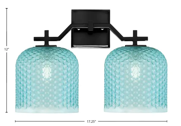 The Corbin 2 Light Bath Bar combines sleek matte black metalwork with striking turquoise textured glass shades, creating a modern statement piece that transforms ordinary bathrooms into stylish retreats with captivating light effects. - alternate view