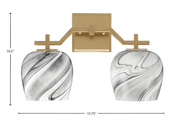 The Corbin 2-Light Bath Bar combines elegant New Age Brass with stunning Onyx Swirl Glass for a bold, artistic statement. Its warm, moody glow and dramatic contrast make it perfect for modern, transitional, or eclectic bathrooms. - alternate view