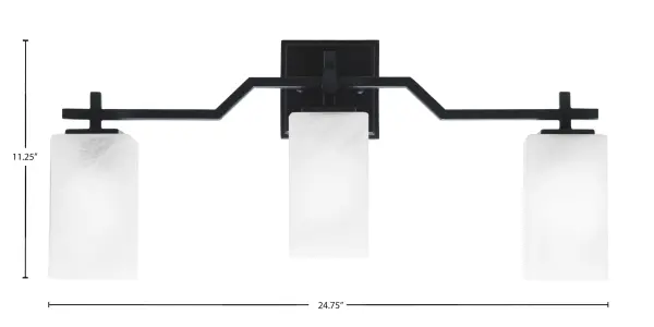 The Corbin 3 Light Bath Bar combines contemporary matte black styling with sophisticated white marble glass shades. Its 24.75-inch width provides excellent illumination for medium vanities, while up or down mounting flexibility allows customization. - alternate view