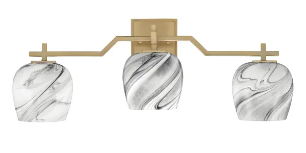 The Corbin 3-Light Bath Bar combines timeless elegance with distinctive character. Featuring flowing onyx swirl glass shades and a warm New Age Brass finish, this versatile fixture can be mounted up or down to suit your space.