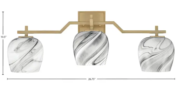 The Corbin 3-Light Bath Bar combines timeless elegance with distinctive character. Featuring flowing onyx swirl glass shades and a warm New Age Brass finish, this versatile fixture can be mounted up or down to suit your space. - alternate view