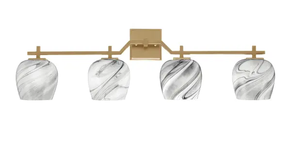 The Corbin 4-Light Bath Bar makes a bold statement with warm New Age Brass finish and rich marbled onyx swirl glass. Perfect for modern, eclectic, or transitional bathrooms seeking sophisticated lighting with artistic flair.