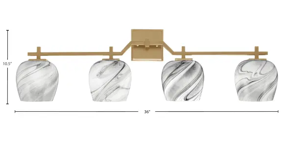 The Corbin 4-Light Bath Bar makes a bold statement with warm New Age Brass finish and rich marbled onyx swirl glass. Perfect for modern, eclectic, or transitional bathrooms seeking sophisticated lighting with artistic flair. - alternate view