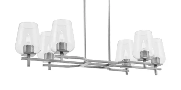 The Corbin 6-Light Island Light combines industrial edge with refined elegance. Its graphite finish and clear bubble glass shades create striking visual interest while delivering excellent task lighting for islands and dining areas.