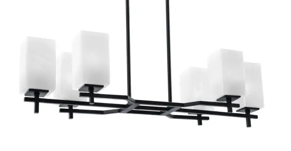 The Corbin 6-Light Island Light combines contemporary matte black styling with sophisticated white marble glass shades. Its linear design and adjustable hanging height make it versatile for various ceiling heights and room sizes.