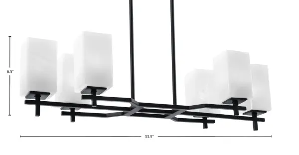 The Corbin 6-Light Island Light combines contemporary matte black styling with sophisticated white marble glass shades. Its linear design and adjustable hanging height make it versatile for various ceiling heights and room sizes. - alternate view