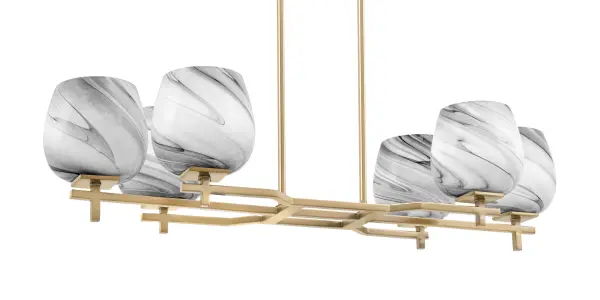 The Corbin 6 Light Island Light combines modern linear design with transitional warmth. Six unique onyx swirl glass shades create moody, dramatic lighting while the New Age Brass finish adds luxury and sophistication.