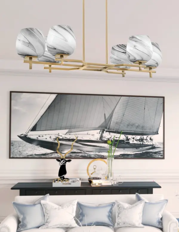 Corbin 6 Light Island Light in New Age Brass with Onyx Swirl Glass - Image 3