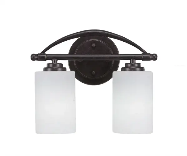 The Marquise 2-Light Bath Bar combines sophisticated dark granite finish with soft white muslin glass shades for versatile bathroom lighting. Its compact 12-inch width and up/down mounting flexibility make it ideal for various vanity configurations.