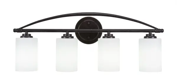 The Marquise Bath Bar combines a sophisticated Dark Granite finish with four White Muslin glass shades for soft, inviting illumination. Perfect for modern and transitional bathrooms, this versatile fixture mounts up or down.