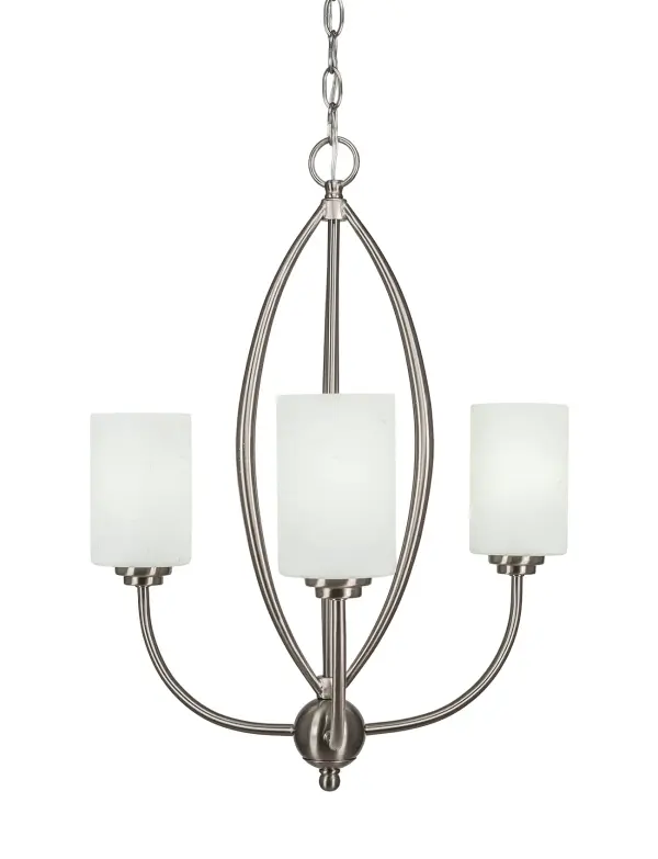 The Marquise 3-Light Chandelier combines timeless elegance with versatile styling. Its brushed nickel finish and white muslin glass shades create a soft, warm glow perfect for intimate dining spaces and smaller rooms.