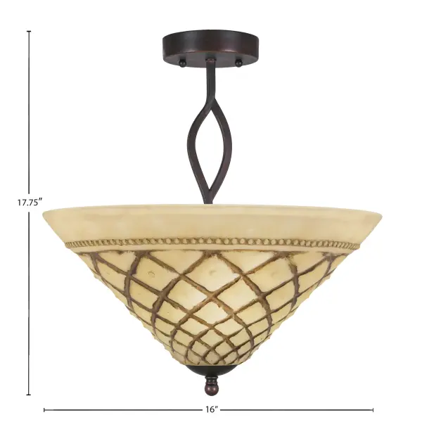 The Revo Semi-Flush combines industrial-inspired dark granite metalwork with warm chocolate icing glass for a sophisticated transitional look. Its compact 16-inch width and semi-flush design make it ideal for rooms with standard ceiling heights. - alternate view
