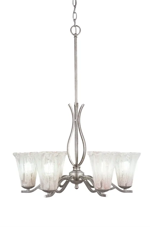 The Revo 6-Light Chandelier combines modern elegance with timeless design, featuring an aged silver finish and fluted Italian ice glass shades that create a soft, ambient glow perfect for dining rooms and entryways.