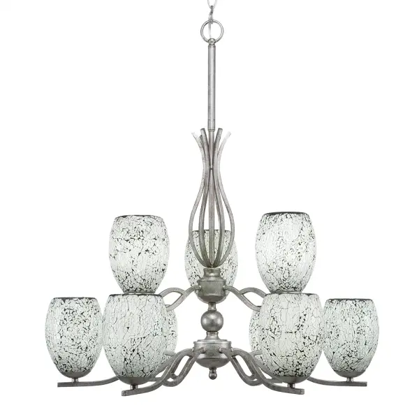 Revo 9-Light Uplight Chandelier in Aged Silver with Black Fusion Glass - Image 1