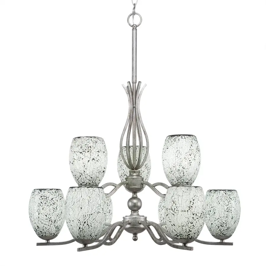 Revo 9-Light Uplight Chandelier in Aged Silver with Black Fusion Glass - Image 1