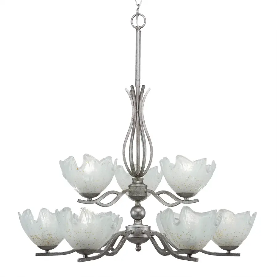 Revo 9-Light Uplight Chandelier in Aged Silver with Gold Ice Glass - Image 1