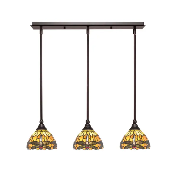 This 3-light linear pendant combines artisanal craftsmanship with functional design, featuring hand-blown amber dragonfly art glass shades in a dark granite finish. The adjustable stem system and sloped ceiling compatibility make it versatile for various installations.